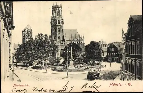 Ak Münster in Westfalen, Marienplatz, Straßenbahn, Laterne