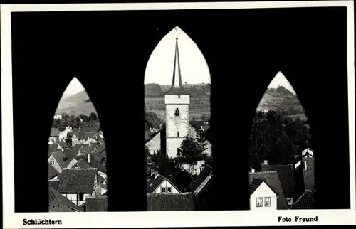 Foto Ak Schlüchtern in Hessen, Blick aus dem Fenster auf den Kirchturm, Teilansicht