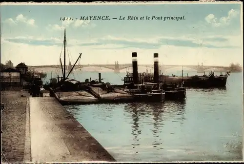 Ak Mainz am Rhein, Le Rhin et le Pont principale, Dampfer, Brücke