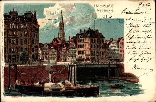 Künstler Litho Ply, Hamburg Mitte Altstadt, Messberg, Dampfboot, Kirche, Häuserpartie