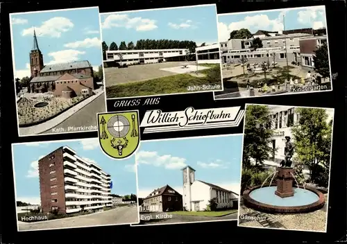 Ak Schiefbahn Willich am Niederrhein. Kath. Pfarrkirche, Kindergarten, ev. Kirche, Hochhaus