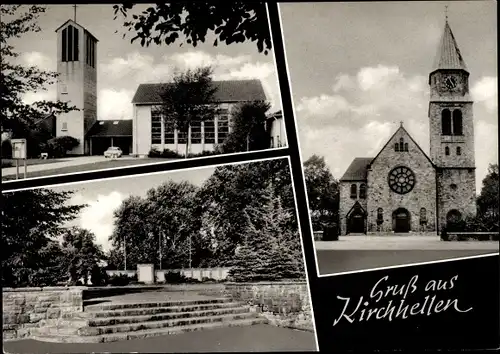 Ak Kirchhellen Bottrop Nordrhein Westfalen, Ev. Kirche, Kath. Kirche, Kriegerdenkmal