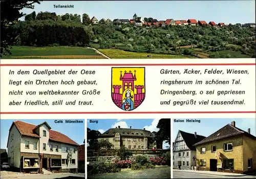 Ak Dringenberg Bad Driburg in Westfalen, Cafe Mönnikes, Burg, Salon Heising, Teilansicht, Wappen