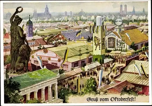 Künstler Ak München, Oktoberfest, Festzelte, Besucher, Panorama
