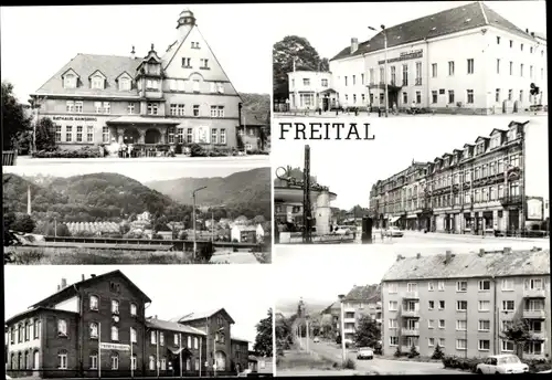 Ak Freital in Sachsen, Panorama, Teilansichten, Geschäftsstraße, Denkmal, Gebäude