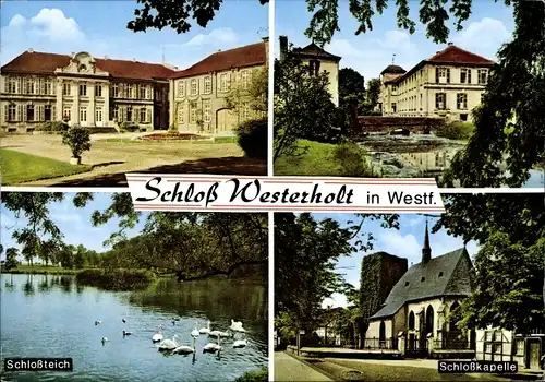 Ak Westerholt Herten im Ruhrgebiet, Schloss Westerholt, Teich, Schlosskapelle