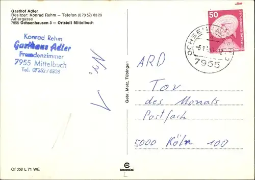 Ak Mittelbuch Ochsenhausen in Baden Württemberg, Gasthof Adler, Inh. Konrad Rehm