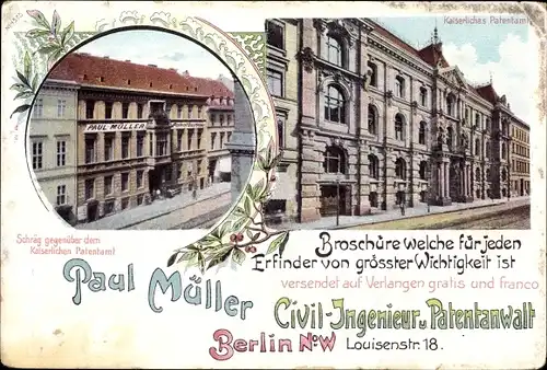 Litho Berlin Mitte, Patentamt, Civil Ingenieur und Patentanwalt Paul Müller, Luisenstraße 18