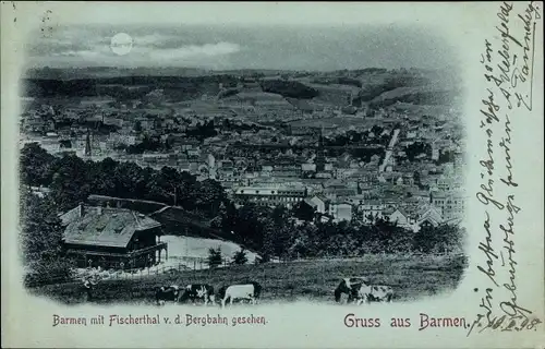 Mondschein Ak Barmen Wuppertal, Gesamtansicht mit Fischerthal, Blick v. d. Bergbahn