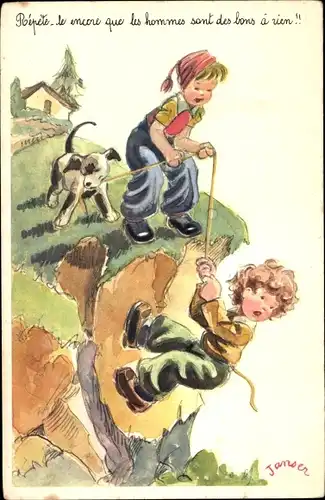 Künstler Ak Janser, Kinder beim Klettern, Junge hängt am Seil, Hund