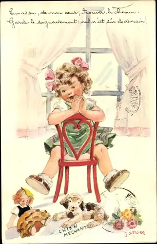 Künstler Ak Janser, Mädchen auf einem Stuhl, Puppe, Hund