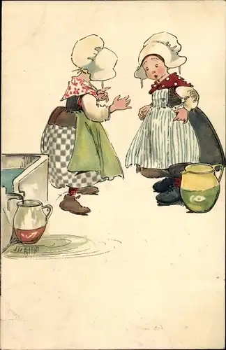 Ak Zwei Mädchen in niederländischen Trachten am Brunnen