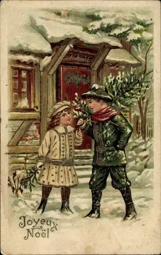 Präge Litho Glückwunsch Weihnachten, Kinder, Tannenbaum, Wohnhaus
