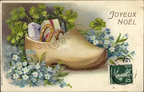 Präge Litho Glückwunsch Weihnachten, Holzpantoffel, Kleeblätter, Vergissmeinnicht, Hufeisen