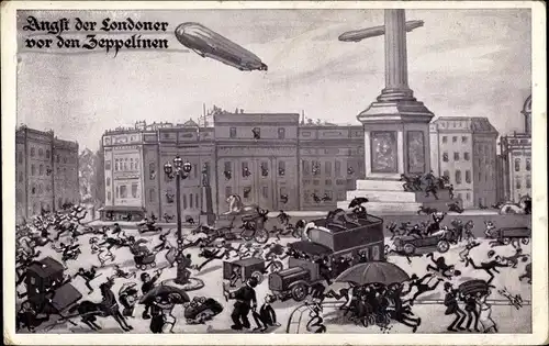 Künstler Ak London, Angst der Londoner vor den Zeppelinen, Trafalgar Square