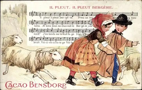 Lied Litho Il Pleut, il Pleut Bergère, Cacao Bensdorf, Reklame, Hirten mit Schafen