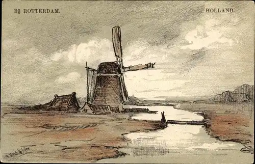 Künstler Ak Windmühle bei Rotterdam Südholland Niederlande, Landschaft