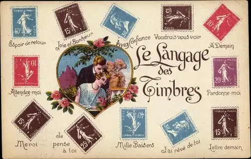 Briefmarken Ak Le Langage des Timbres, Briefmarkensprache, Liebespaar
