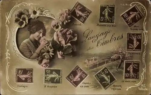 Briefmarken Ak Langage des Timbres, Briefmarkensprache, Frauenportrait, Blumen