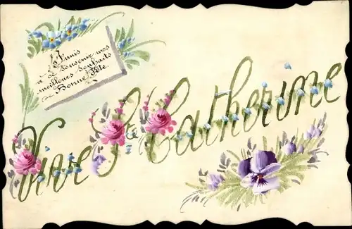 Handgemalt Ak Vive Sainte Catherine, Stiefmütterchen, Rosen, Blüten