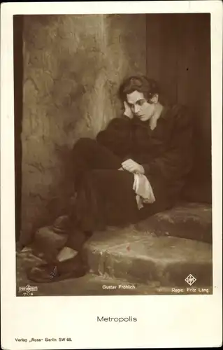 Ak Schauspieler Gustav Fröhlich,Filmszene Metropolis, Regisseur Fritz Lang, Expressionismus,Ufa Film