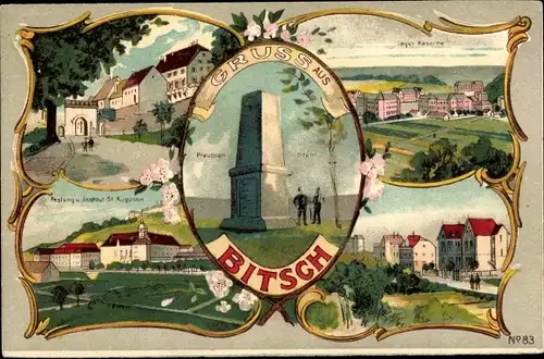 Litho Bitche Bitsch Lothringen Moselle, Festung und Institut St. Augustin, Kaserne, Preußen-Stein