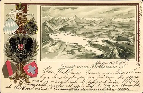 Präge Wappen Landkarten Litho Friedrichshafen am Bodensee, Ländereck