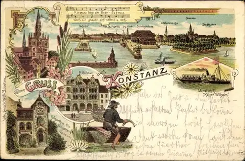 Litho Konstanz am Bodensee, Dampfschiff Kaiser Wilhelm, Rathaus, Bahnhof