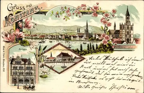 Litho Konstanz am Bodensee, Panorama vom Ort, Münster, Rathaus, Consiliumsgebäude