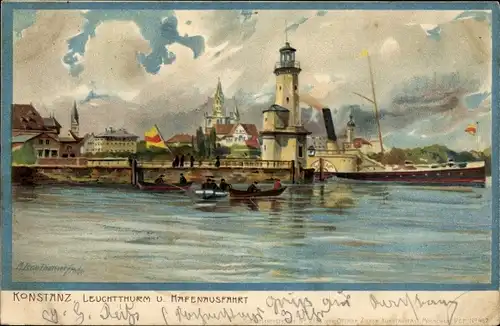 Künstler Litho Konstanz am Bodensee, Leuchtturm und Hafenausfahrt