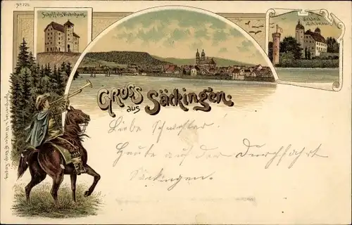 Litho Bad Säckingen am Hochrhein, Panorama, Trompeter von Säckingen, Schloss Schönau