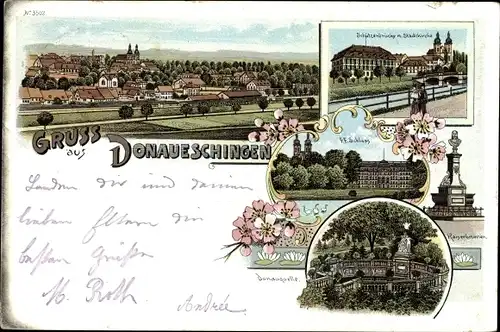 Litho Donaueschingen im Schwarzwald, Denkmal, Donauquelle, Park, Gesamtansicht