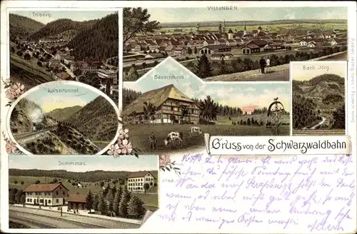 Litho Villingen Schwenningen im Schwarzwald, Triberg, Sommerau, Kaisertunnel, Bach Jörg, Bauernhaus