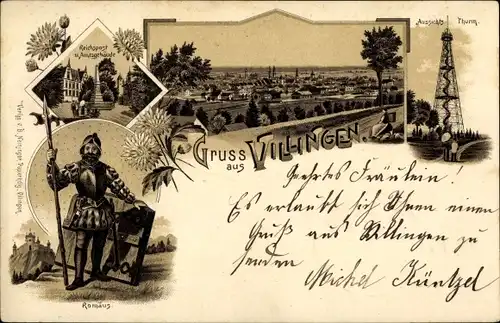 Litho Villingen im Schwarzwald, Romäus, Aussichtsturm, Reichspost, Amtsgebäude