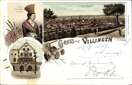 Litho Villingen Schwenningen im Schwarzwald, Frau in Tracht, altes Rathaus, Totalansicht
