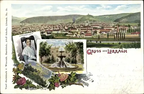 Litho Lörrach in Baden, Gesamtansicht, Schulhaus, Springbrunnen, Frau in Tracht