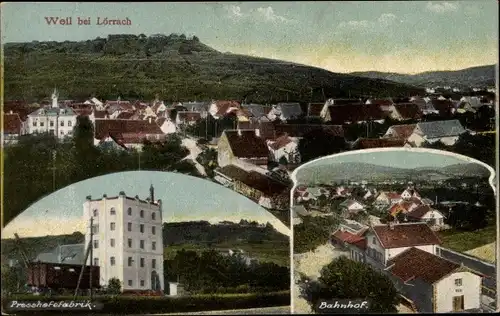 Ak Weil am Rhein, Blick auf die Presshefefabrik, Bahnhof, Totalansicht der Ortschaft