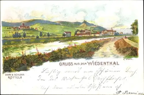 Künstler Litho Rötteln Haagen Lörrach in Baden, Dorfansicht, Schloss Rötteln