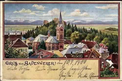 Künstler Litho Badenweiler im Schwarzwald, Stadtansicht, Kirche