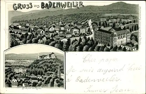 Litho Badenweiler im Schwarzwald, Blick auf die Ruine, Gesamtansicht