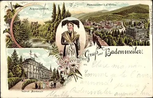 Litho Badenweiler im Schwarzwald, Ort v. d. Ruine gesehen, Schwanenteich, Hotel Sommer, Tracht