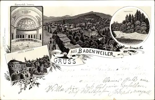 Litho Badenweiler im Schwarzwald, Marmorbad, Hotel Sommer, Parkteich