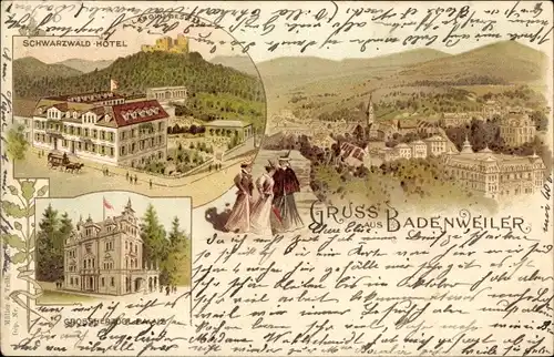 Litho Badenweiler im Schwarzwald, Hotel, Schloss, Panorama vom Ort