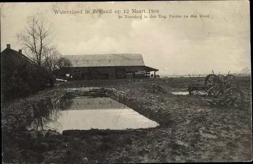 Ak Zeeland Niederlande, Watervloed 1906, Boerderij in den Eng. Polder