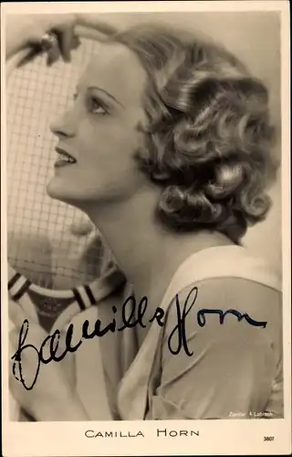 Ak Schauspielerin Camilla Horn, Portrait, Tennisschläger, Autogramm
