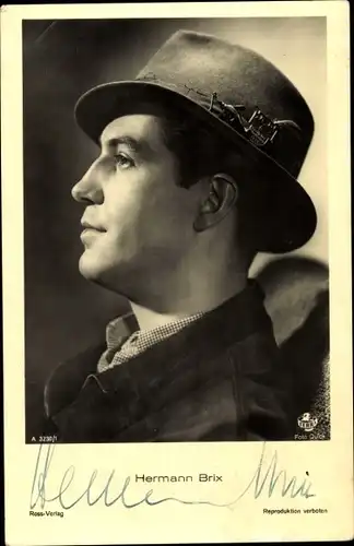 Ak Schauspieler Hermann Brix, Profilansicht mit Hut, Ross 3230/1