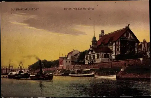 Ak Ruhrort Duisburg im Ruhrgebiet, Hafen mit Schifferbörse, Schiffe