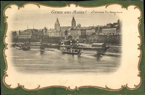 Passepartout Ak Mainz am Rhein, Teilansicht mit Schiffen, Rheinpartie