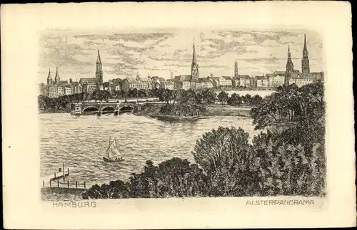 Künstler Ak Hamburg Mitte Altstadt, Alsterpanorama, Kirchtürme