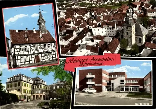 Ak Assenheim Niddatal Hessen, Panorama, Bürgerhaus, Schloss, Rathaus